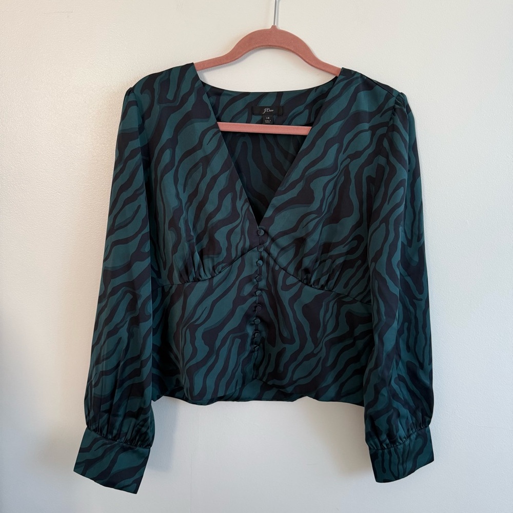 J. Crew Teal Zebra-Print Button-Front Blouse